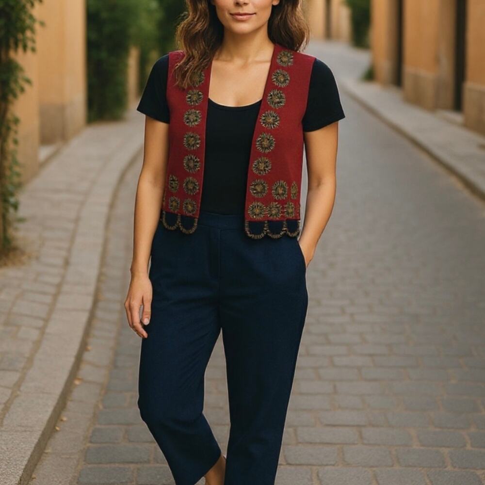 Double D Ranch Red Wool Western Horse Embroidered Sleeveless Vest